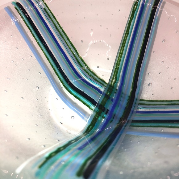 Studio Blown Art Glass Trinket Dish Bowl With Bubbles & Hand Painted Stripes 6” - Picture 4 of 8